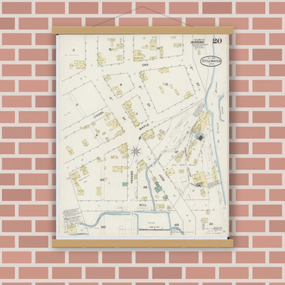 Old map wall art mockup — magnetic wood frame on brick wall — Sanborn Fire Insurance Map from Stillwater, Washington County, Minnesota (1888), Sheet #0020