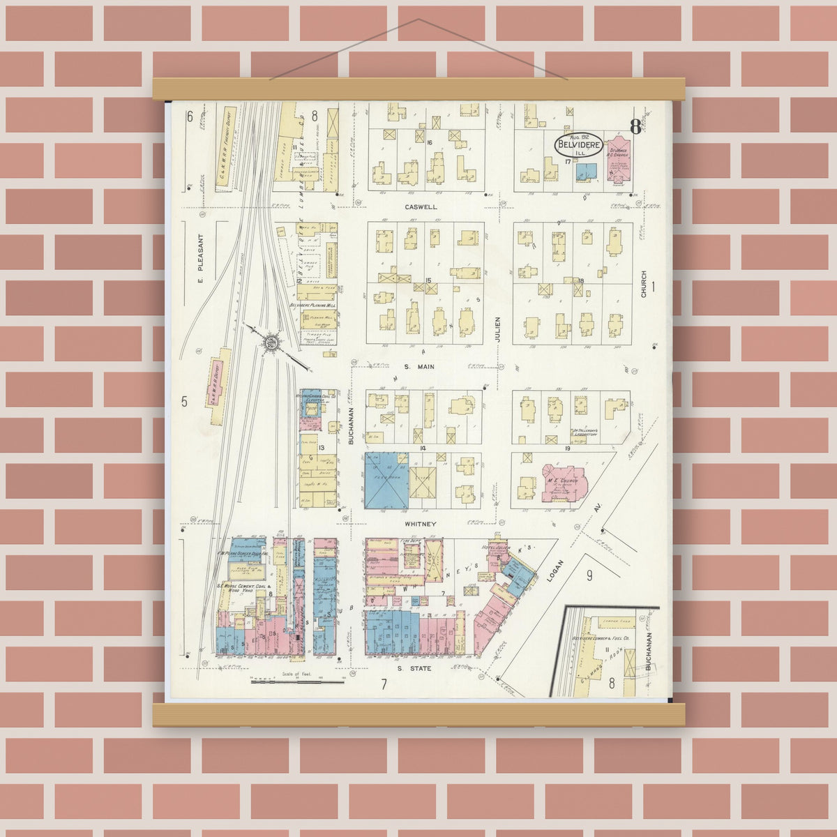 Old map wall art mockup — magnetic wood frame on brick wall — Sanborn Fire Insurance Map from Belvidere, Boone County, Illinois (1912), Sheet #0008