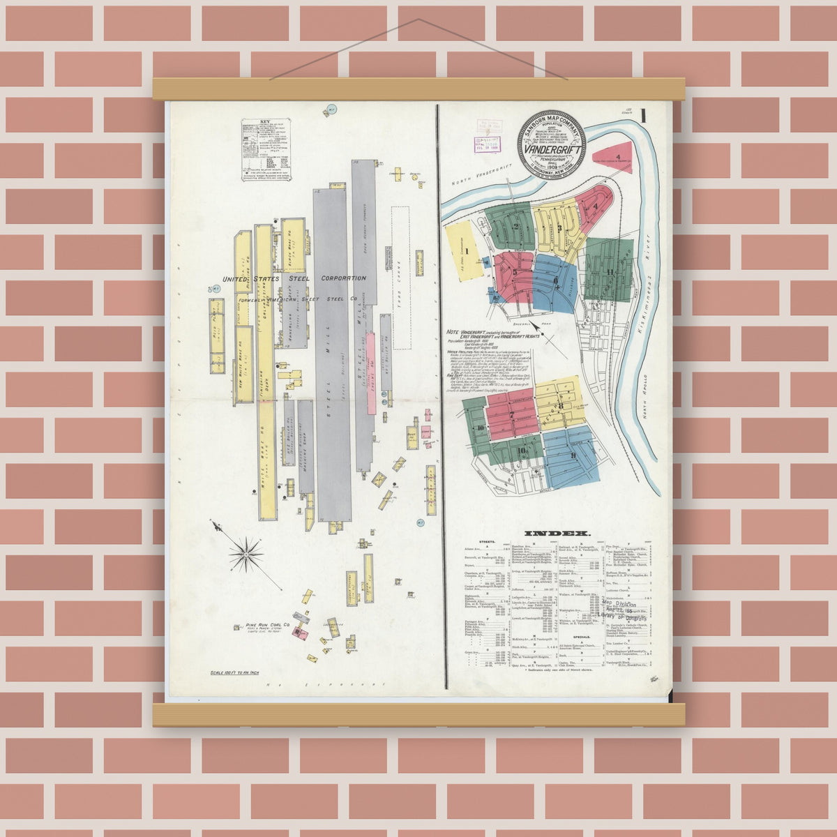 Old map wall art mockup — magnetic wood frame on brick wall — Sanborn Fire Insurance Map from Vandergrift, Westmoreland County, Pennsylvania (1909), Sheet #0001