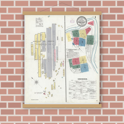 Old map wall art mockup — magnetic wood frame on brick wall — Sanborn Fire Insurance Map from Vandergrift, Westmoreland County, Pennsylvania (1909), Sheet #0001