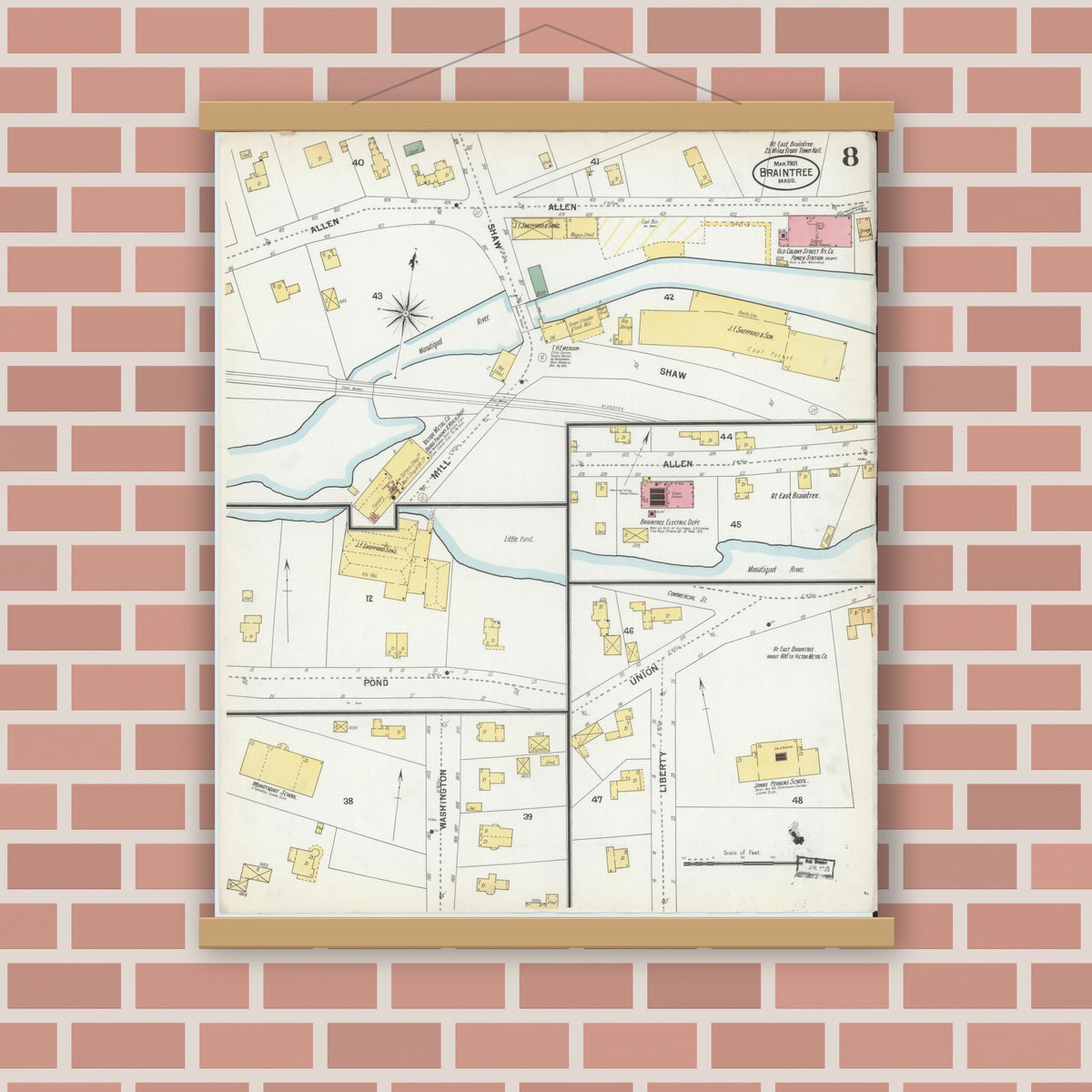 Old map wall art mockup — magnetic wood frame on brick wall — Sanborn Fire Insurance Map from Braintree, Norfolk County, Massachusetts (1901), Sheet #0008