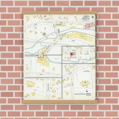 Old map wall art mockup — magnetic wood frame on brick wall — Sanborn Fire Insurance Map from Braintree, Norfolk County, Massachusetts (1901), Sheet #0008