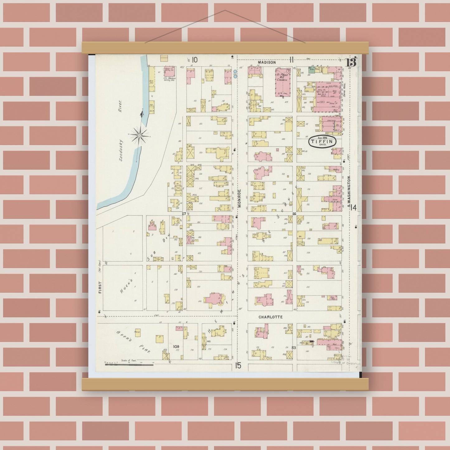 Old map wall art mockup — magnetic wood frame on brick wall — Sanborn Fire Insurance Map from Tiffin, Seneca County, Ohio (1896), Sheet #0013