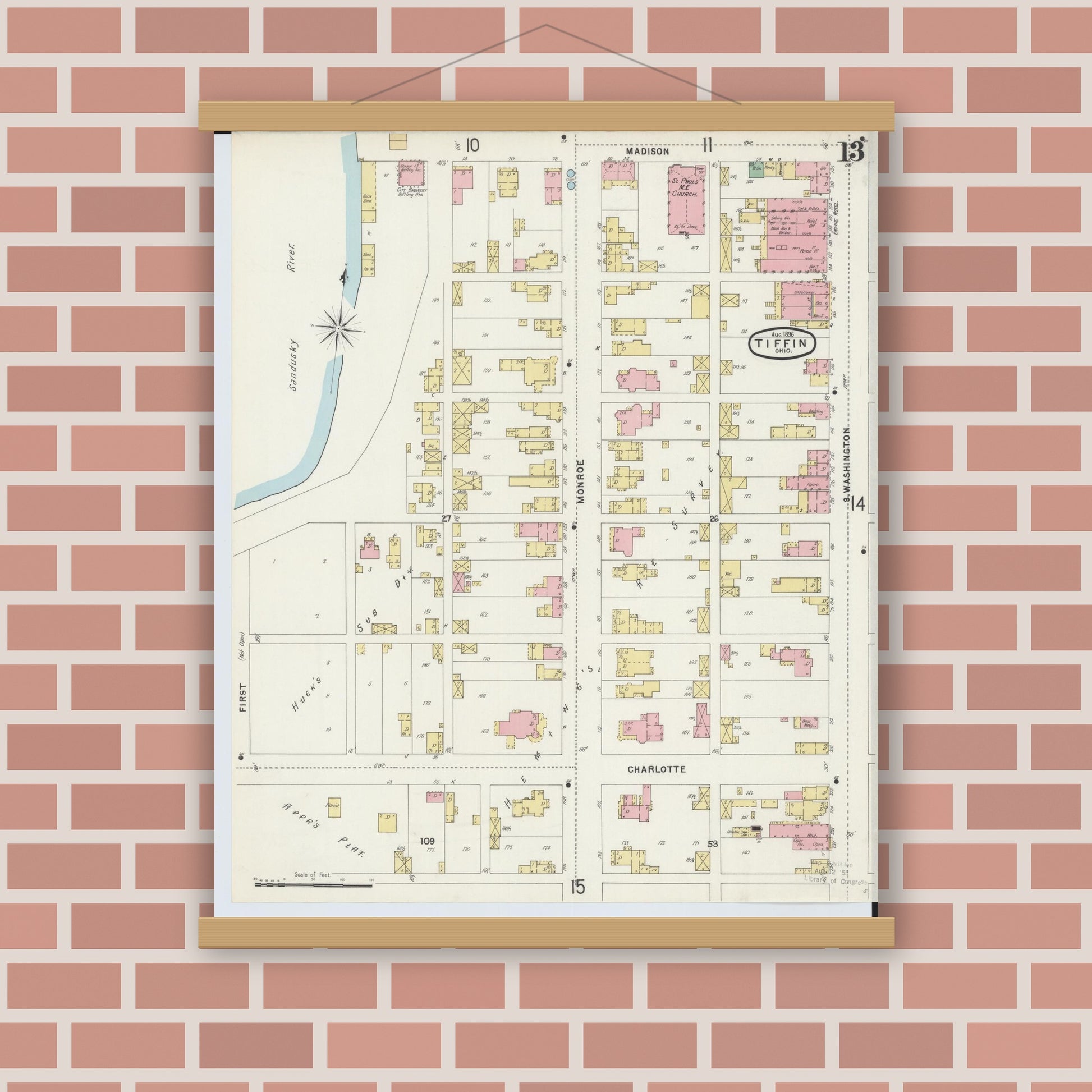 Old map wall art mockup — magnetic wood frame on brick wall — Sanborn Fire Insurance Map from Tiffin, Seneca County, Ohio (1896), Sheet #0013