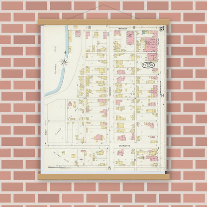 Old map wall art mockup — magnetic wood frame on brick wall — Sanborn Fire Insurance Map from Tiffin, Seneca County, Ohio (1896), Sheet #0013