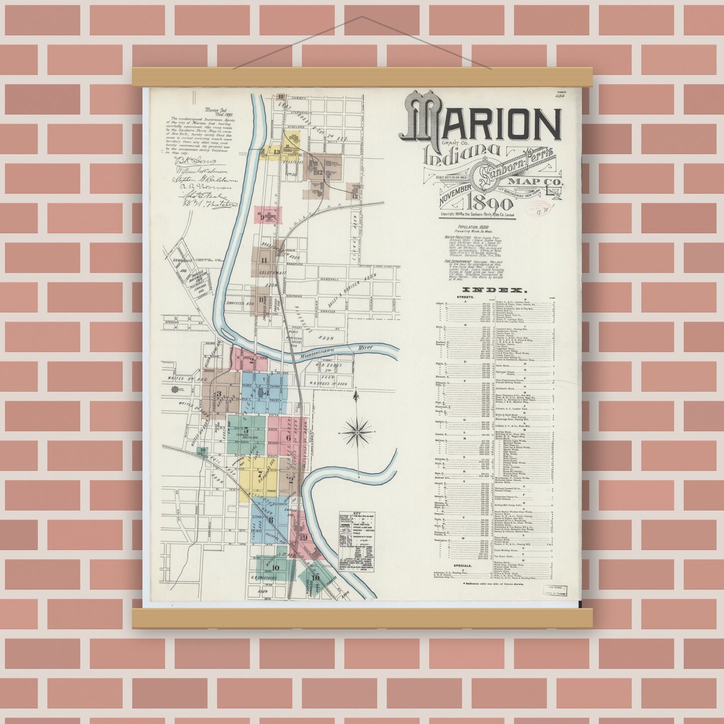 Old map wall art mockup — magnetic wood frame on brick wall — Sanborn Fire Insurance Map from Marion, Grant County, Indiana (1890) - Complete Map Set