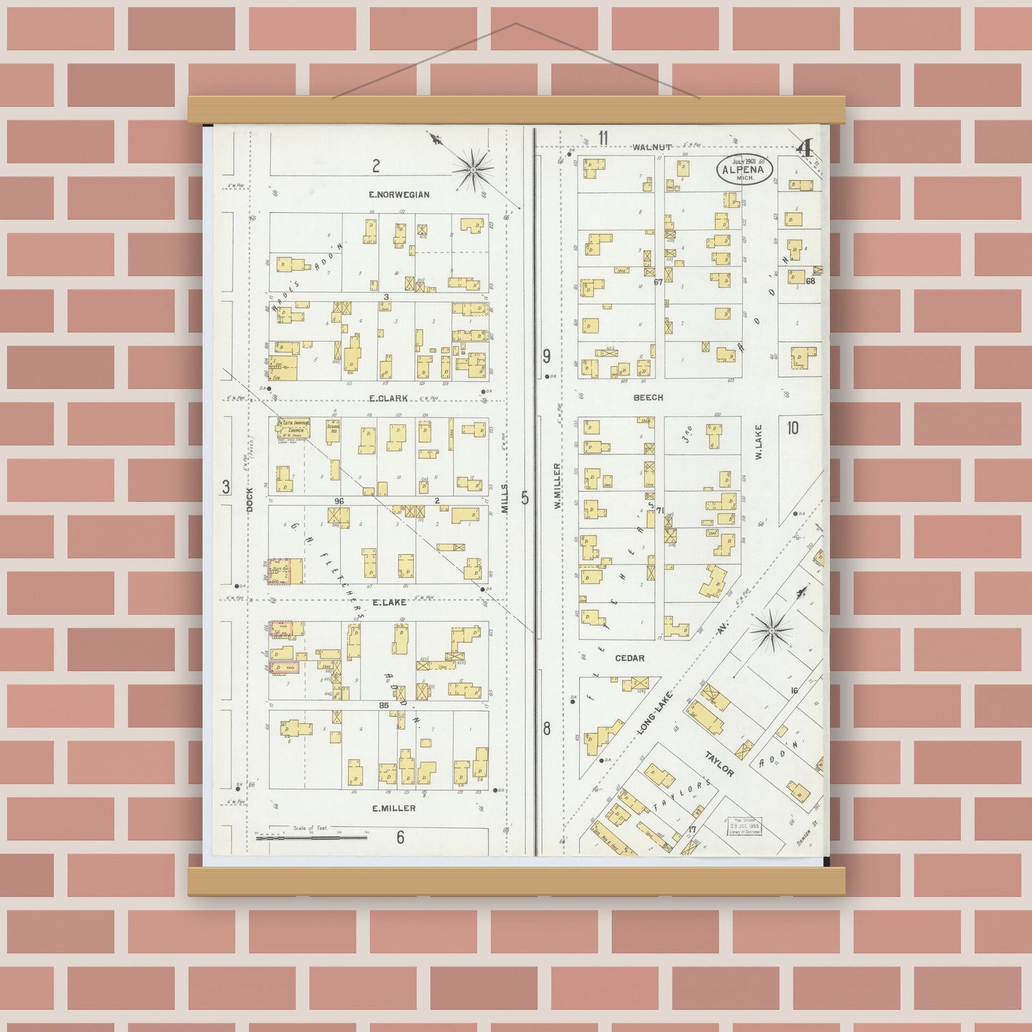 Old map wall art mockup — magnetic wood frame on brick wall — Sanborn Fire Insurance Map from Alpena, Alpena County, Michigan (1901), Sheet #0004