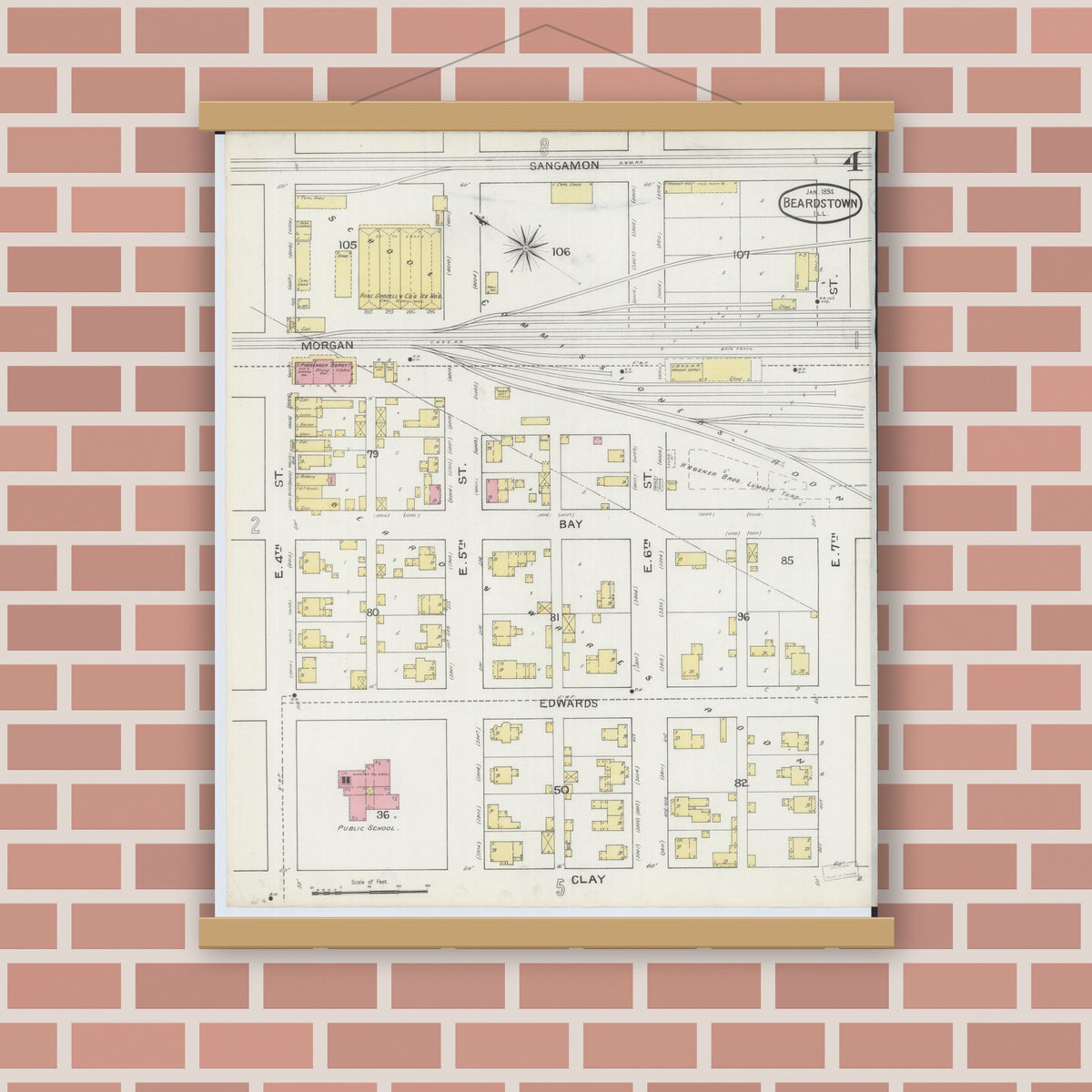 Old map wall art mockup — magnetic wood frame on brick wall — Sanborn Fire Insurance Map from Beardstown, Cass County, Illinois (1894), Sheet #0004
