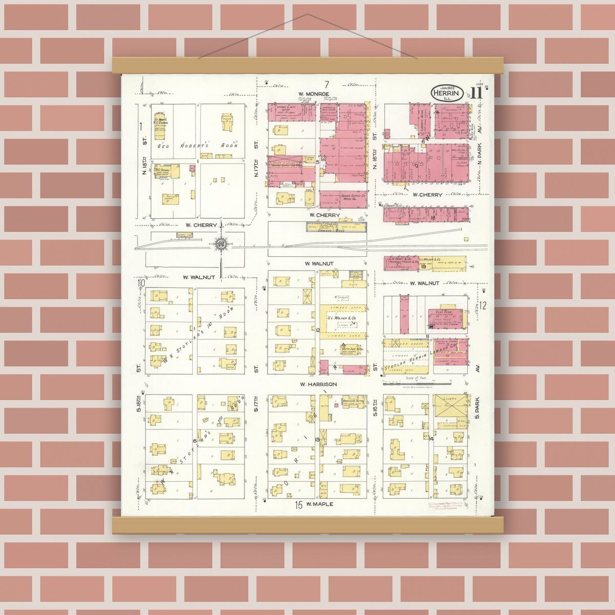 Old map wall art mockup — magnetic wood frame on brick wall — Sanborn Fire Insurance Map from Herrin, Williamson County, Illinois (1922), Sheet #0011
