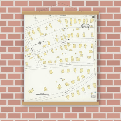 Old map wall art mockup — magnetic wood frame on brick wall — Sanborn Fire Insurance Map from Greenfield, Franklin County, Massachusetts (1909), Sheet #0028