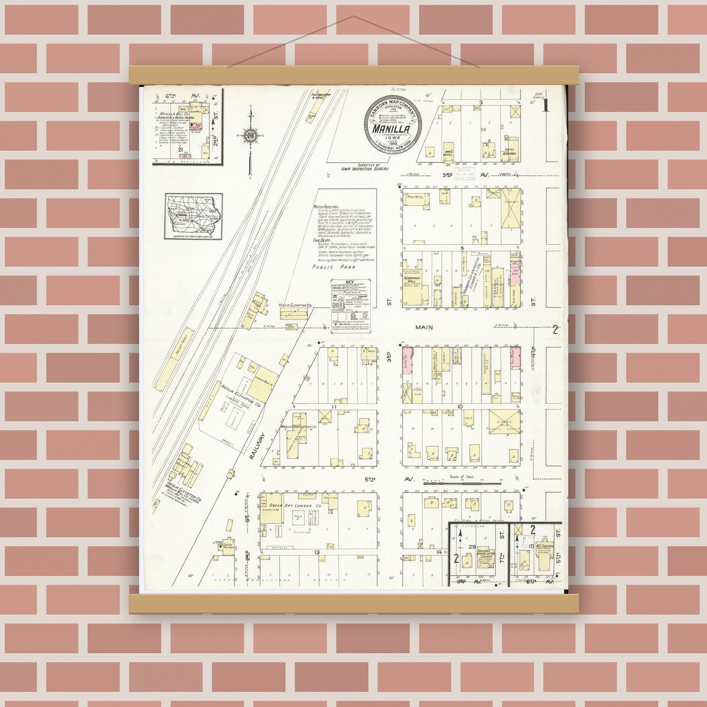 Old map wall art mockup — magnetic wood frame on brick wall — Sanborn Fire Insurance Map from Manilla, Crawford County, Iowa (1914) â€” Complete Set