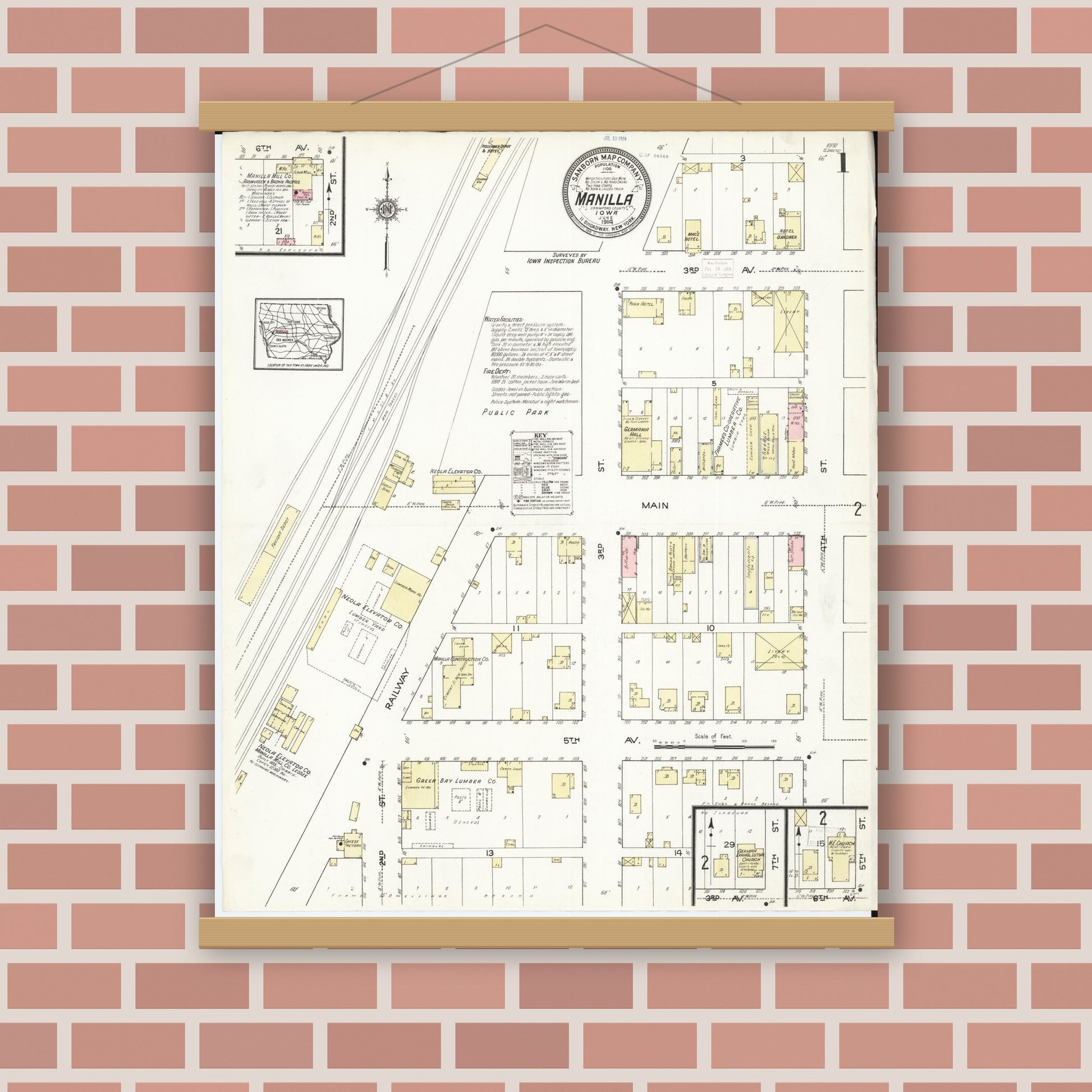 Old map wall art mockup — magnetic wood frame on brick wall — Sanborn Fire Insurance Map from Manilla, Crawford County, Iowa (1914) â€” Complete Set