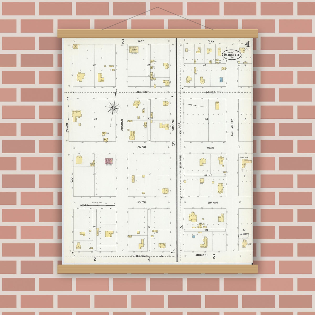 Old map wall art mockup — magnetic wood frame on brick wall — Sanborn Fire Insurance Map from Henrietta, Clay County, Texas (1902), Sheet #0004
