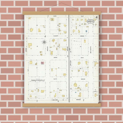 Old map wall art mockup — magnetic wood frame on brick wall — Sanborn Fire Insurance Map from Henrietta, Clay County, Texas (1902), Sheet #0004