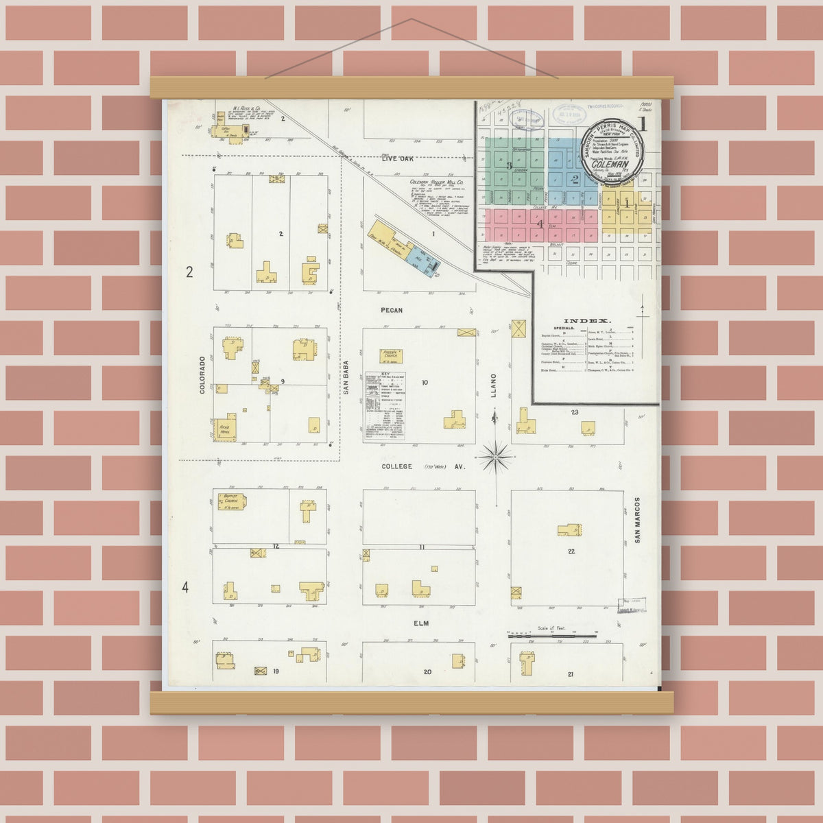 Old map wall art mockup — magnetic wood frame on brick wall — Sanborn Fire Insurance Map from Coleman, Coleman County, Texas (1898) - Complete Map Set