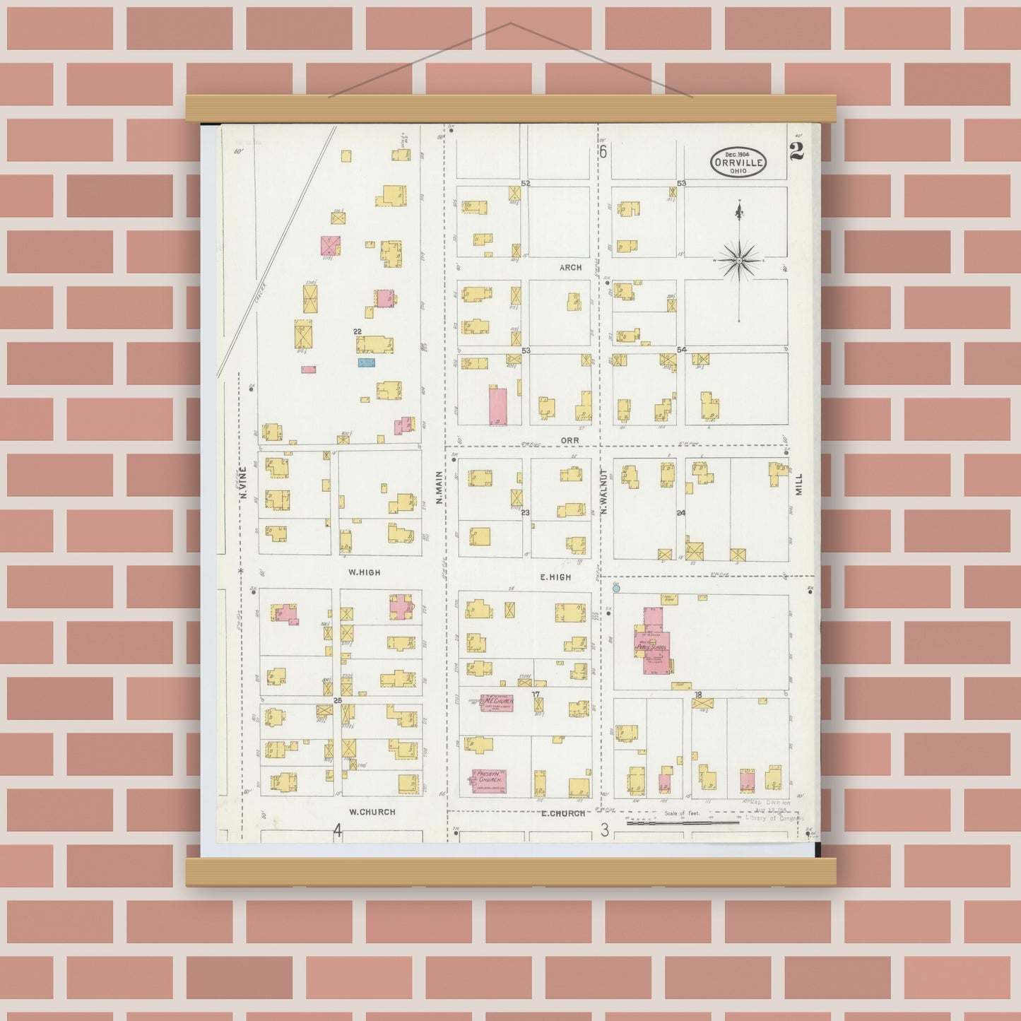 Old map wall art mockup — magnetic wood frame on brick wall — Sanborn Fire Insurance Map from Orrville, Wayne County, Ohio (1904), Sheet #0002