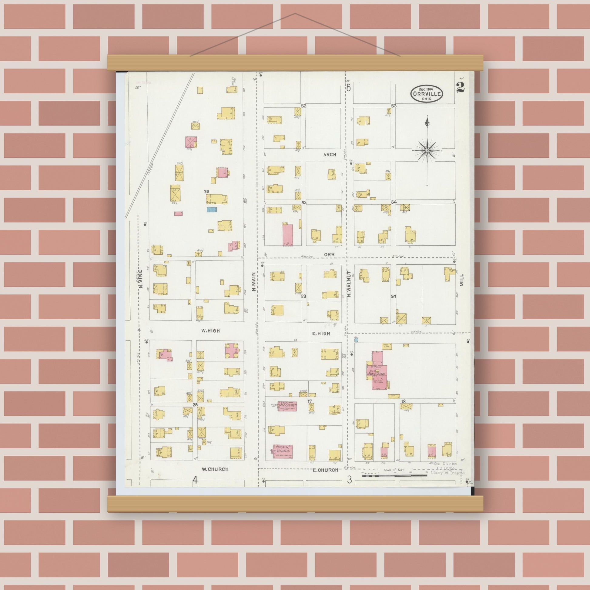 Old map wall art mockup — magnetic wood frame on brick wall — Sanborn Fire Insurance Map from Orrville, Wayne County, Ohio (1904), Sheet #0002