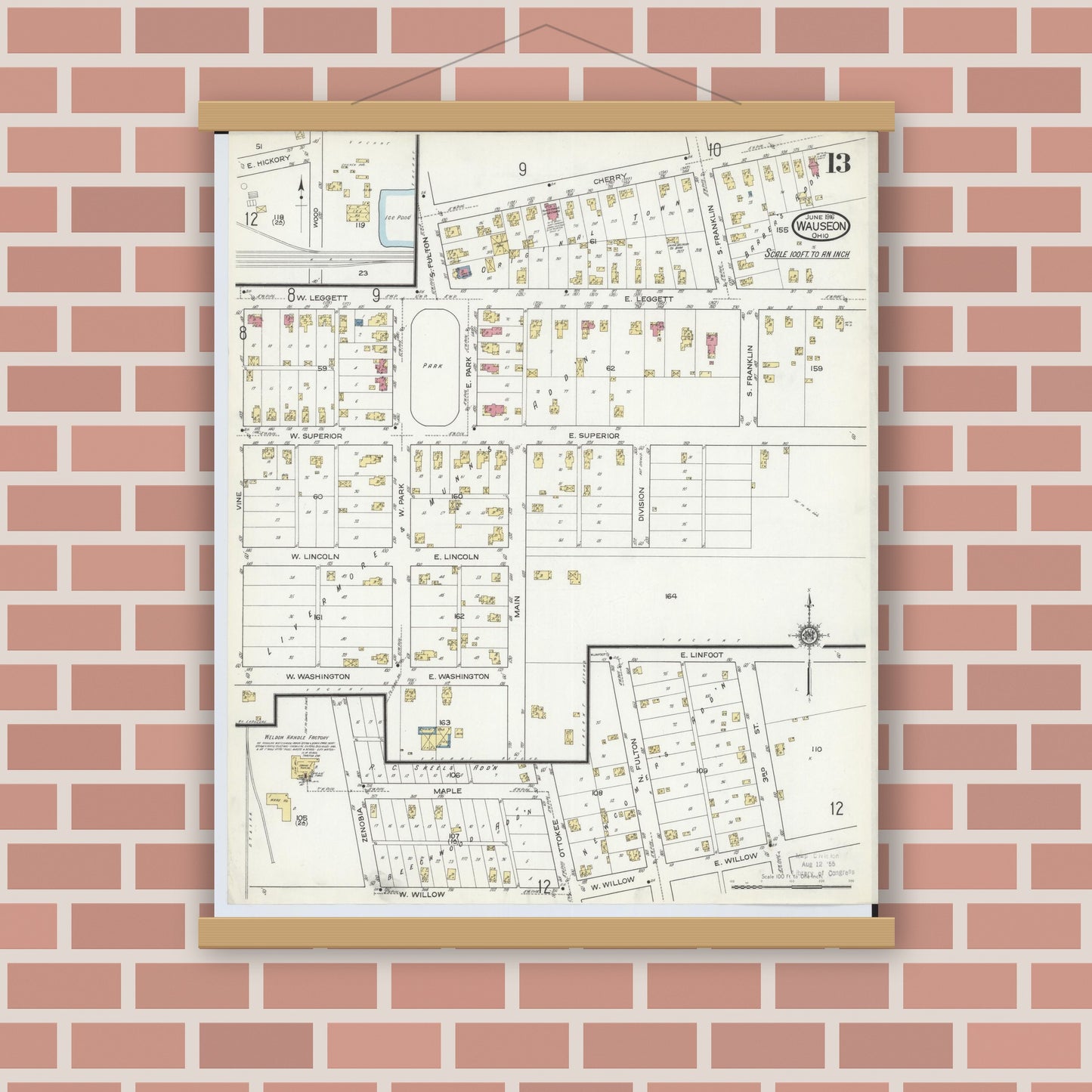 Old map wall art mockup — magnetic wood frame on brick wall — Sanborn Fire Insurance Map from Wauseon, Fulton County, Ohio (1916), Sheet #0013
