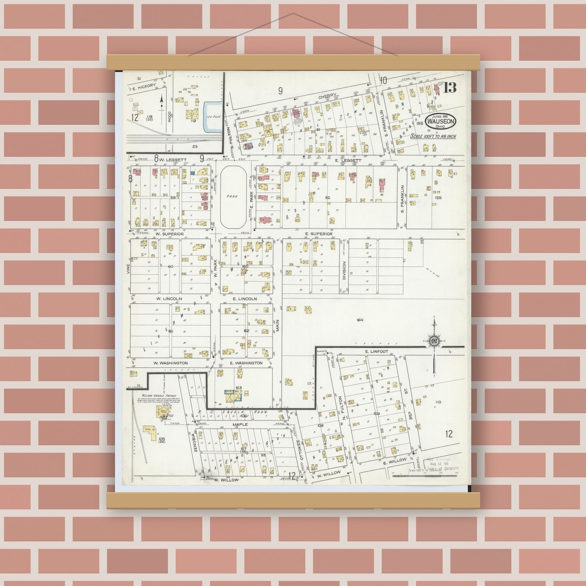 Old map wall art mockup — magnetic wood frame on brick wall — Sanborn Fire Insurance Map from Wauseon, Fulton County, Ohio (1916), Sheet #0013