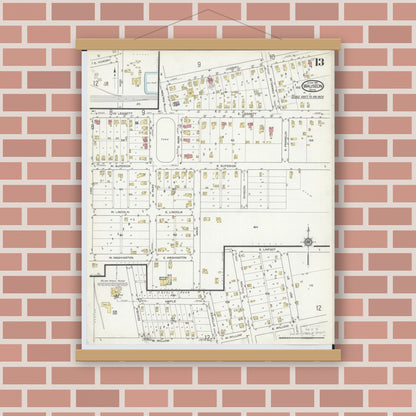 Old map wall art mockup — magnetic wood frame on brick wall — Sanborn Fire Insurance Map from Wauseon, Fulton County, Ohio (1916), Sheet #0013