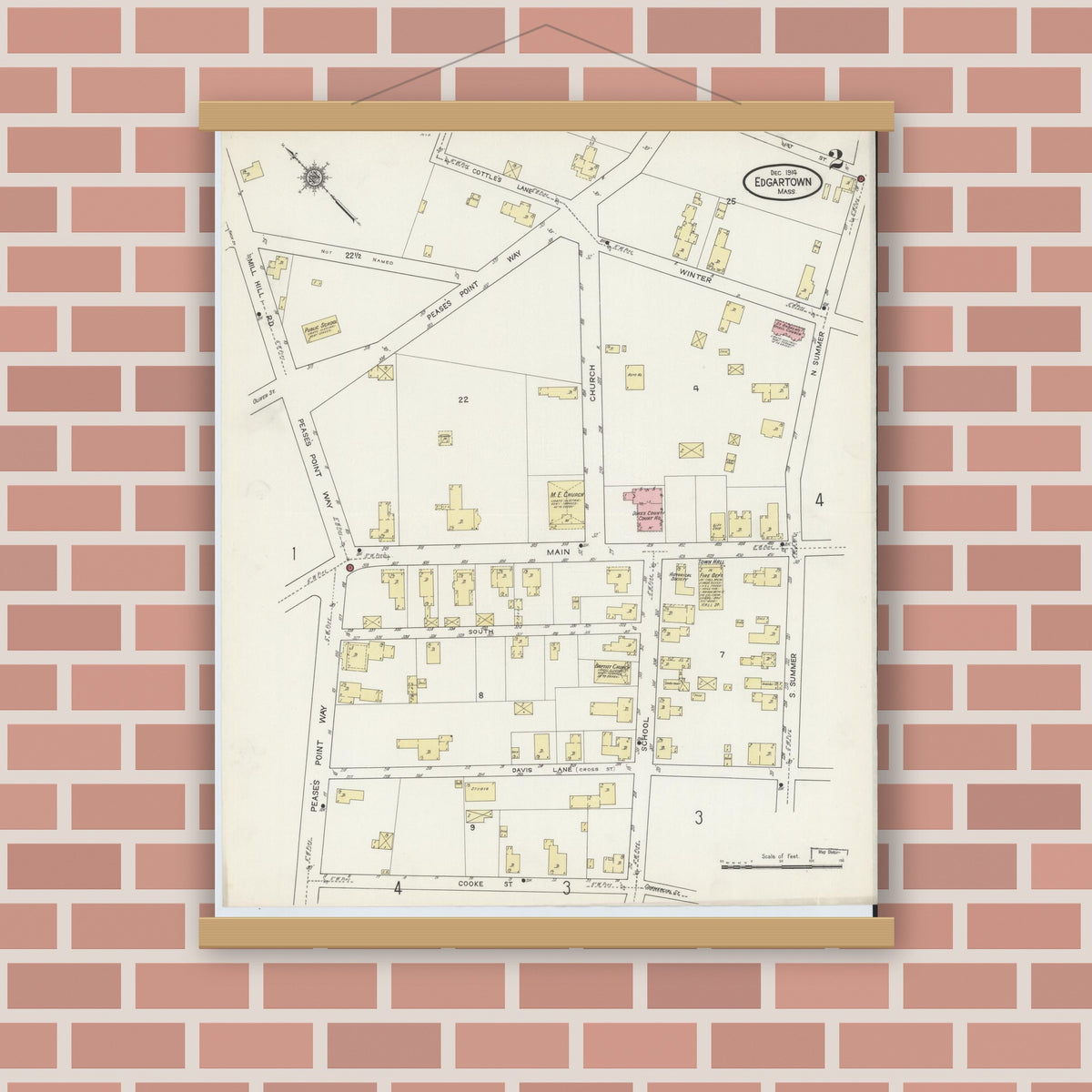 Old map wall art mockup — magnetic wood frame on brick wall — Sanborn Fire Insurance Map from Edgartown, Dukes County, Massachusetts (1914), Sheet #0002