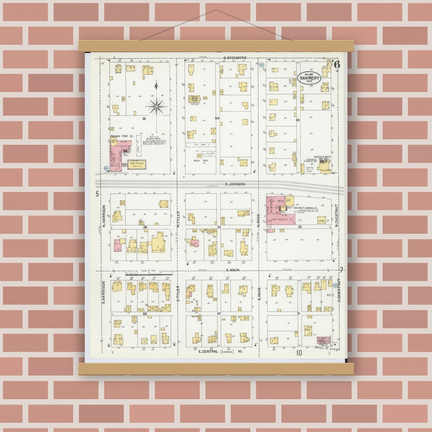 Old map wall art mockup — magnetic wood frame on brick wall — Sanborn Fire Insurance Map from Van Wert, Van Wert County, Ohio (1901), Sheet #0006