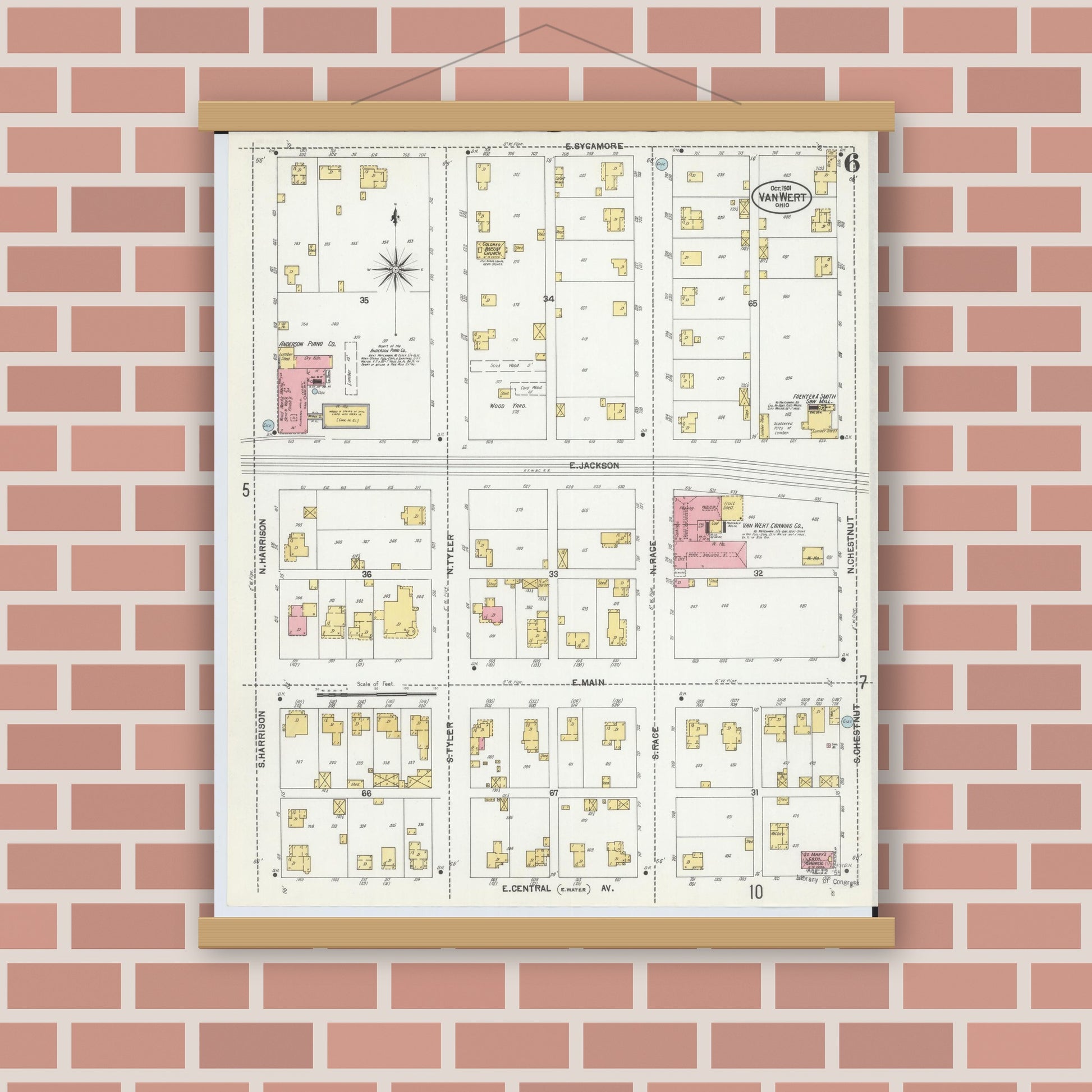 Old map wall art mockup — magnetic wood frame on brick wall — Sanborn Fire Insurance Map from Van Wert, Van Wert County, Ohio (1901), Sheet #0006