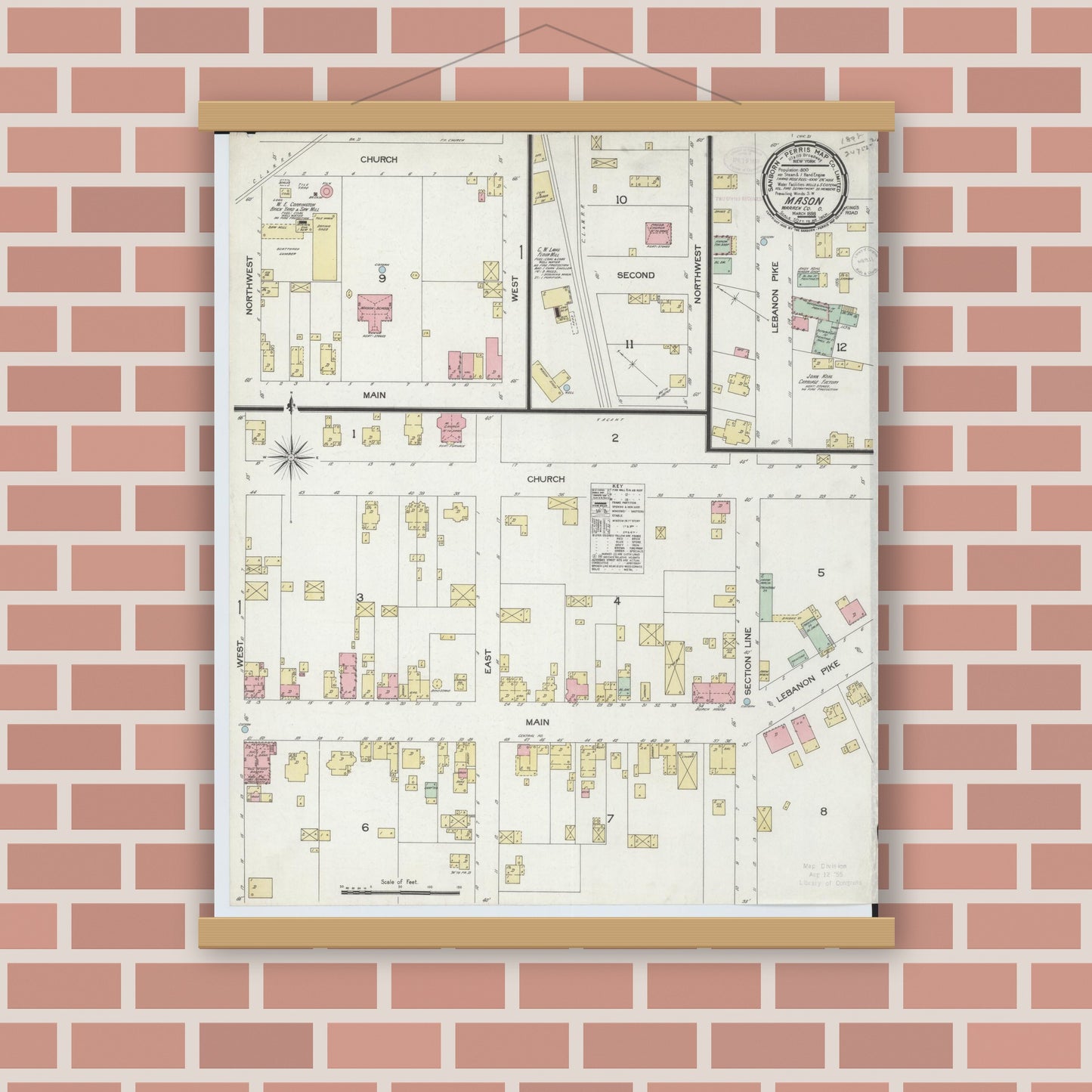 Old map wall art mockup — magnetic wood frame on brick wall — Sanborn Fire Insurance Map from Mason, Warren County, Ohio (1898), Sheet #0001
