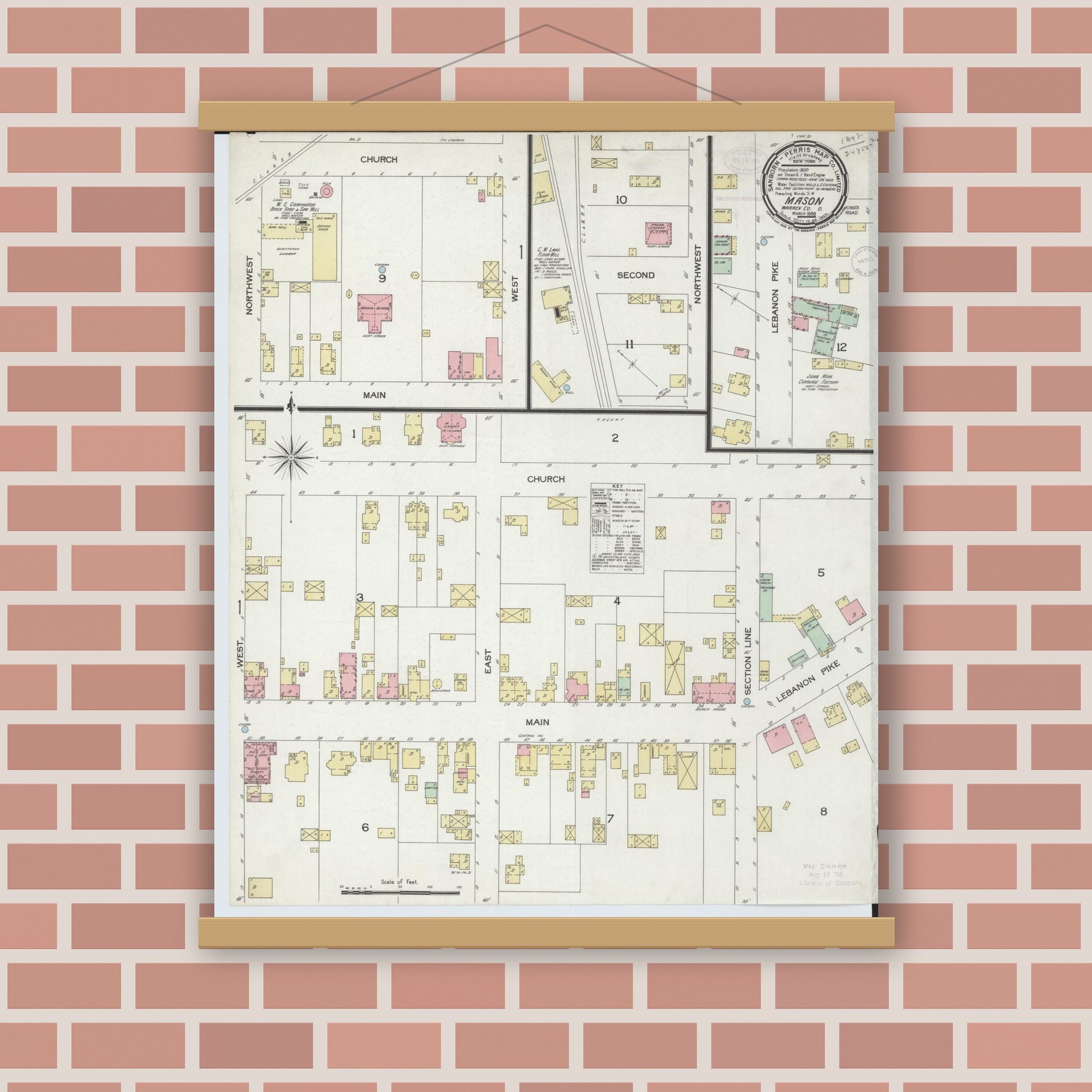 Old map wall art mockup — magnetic wood frame on brick wall — Sanborn Fire Insurance Map from Mason, Warren County, Ohio (1898), Sheet #0001
