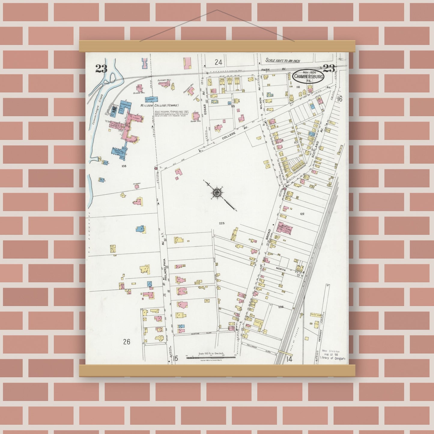 Old map wall art mockup — magnetic wood frame on brick wall — Sanborn Fire Insurance Map from Chambersburg, Franklin County, Pennsylvania (1924), Sheet #0023