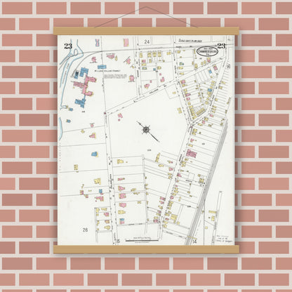 Old map wall art mockup — magnetic wood frame on brick wall — Sanborn Fire Insurance Map from Chambersburg, Franklin County, Pennsylvania (1924), Sheet #0023