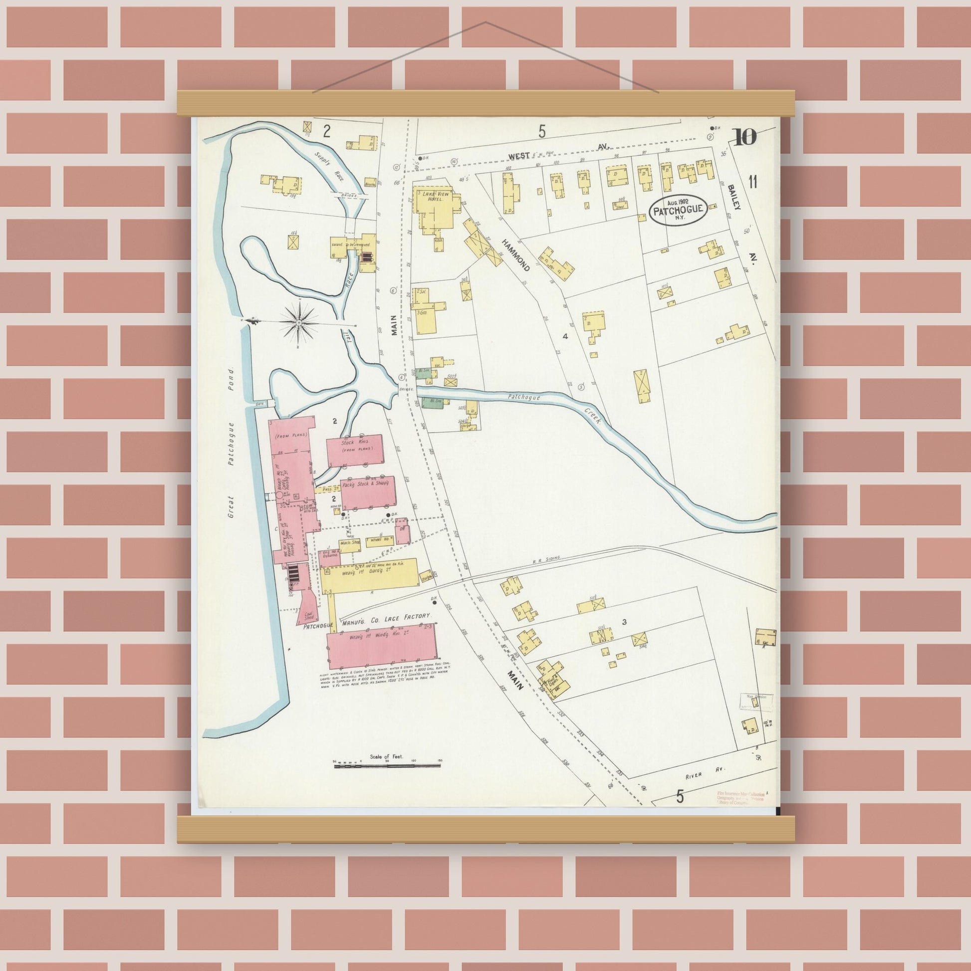 Old map wall art mockup — magnetic wood frame on brick wall — Sanborn Fire Insurance Map from Patchogue, Suffolk County, New York (1902), Sheet #0010