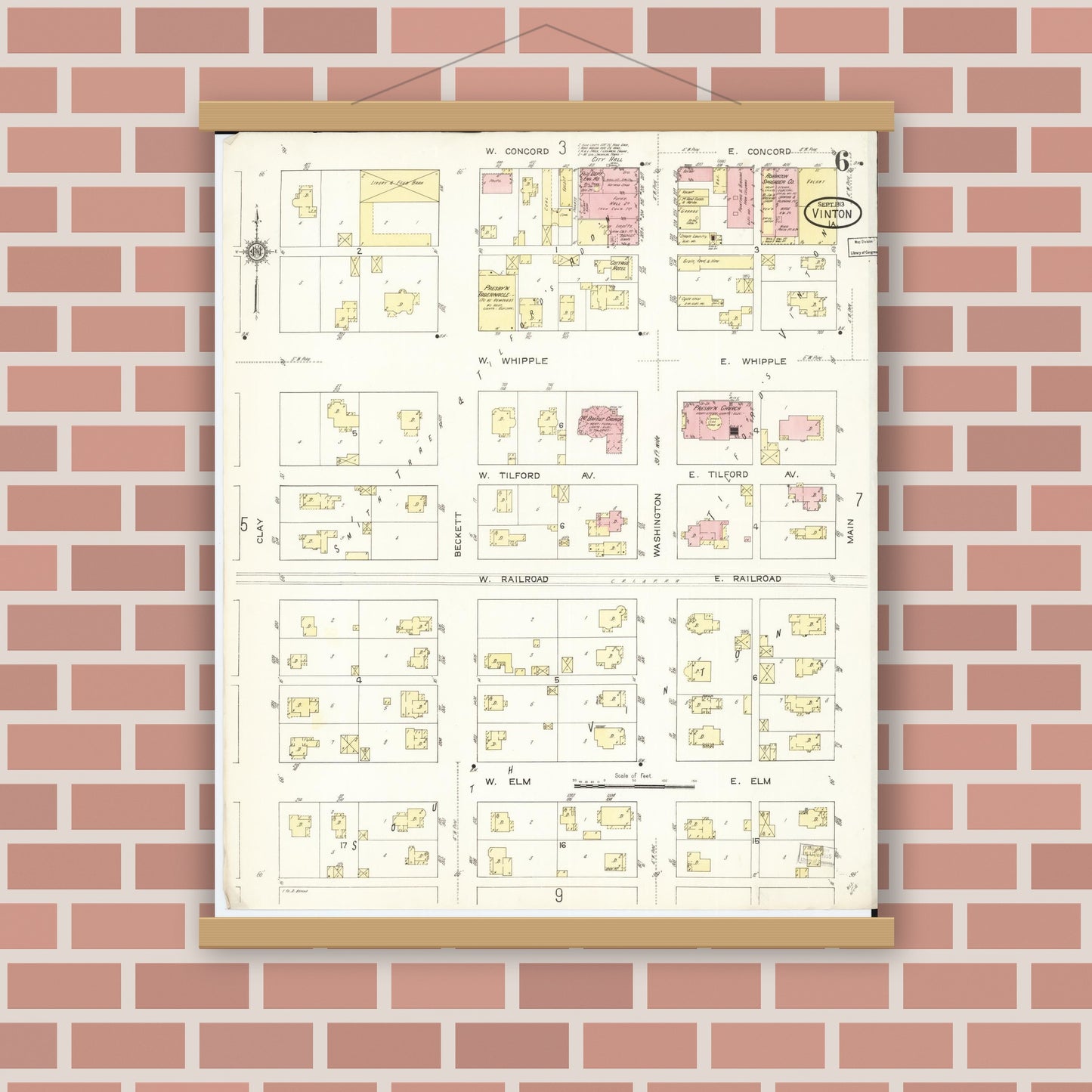 Old map wall art mockup — magnetic wood frame on brick wall — Sanborn Fire Insurance Map from Vinton, Benton County, Iowa (1913), Sheet #0006