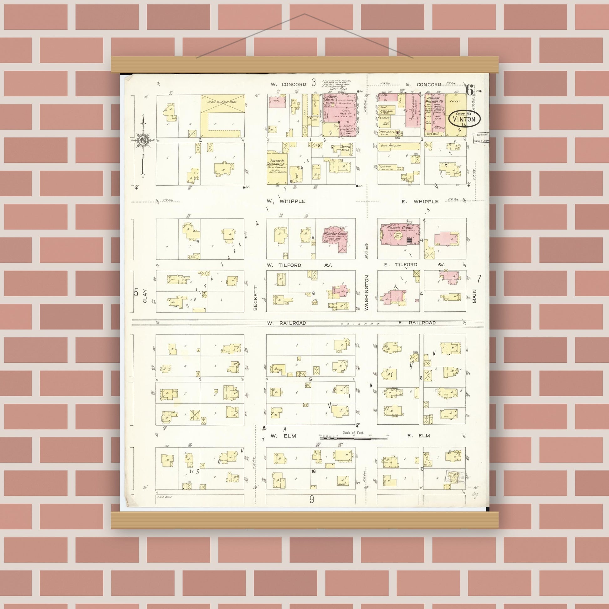 Old map wall art mockup — magnetic wood frame on brick wall — Sanborn Fire Insurance Map from Vinton, Benton County, Iowa (1913), Sheet #0006