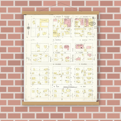 Old map wall art mockup — magnetic wood frame on brick wall — Sanborn Fire Insurance Map from Vinton, Benton County, Iowa (1913), Sheet #0006