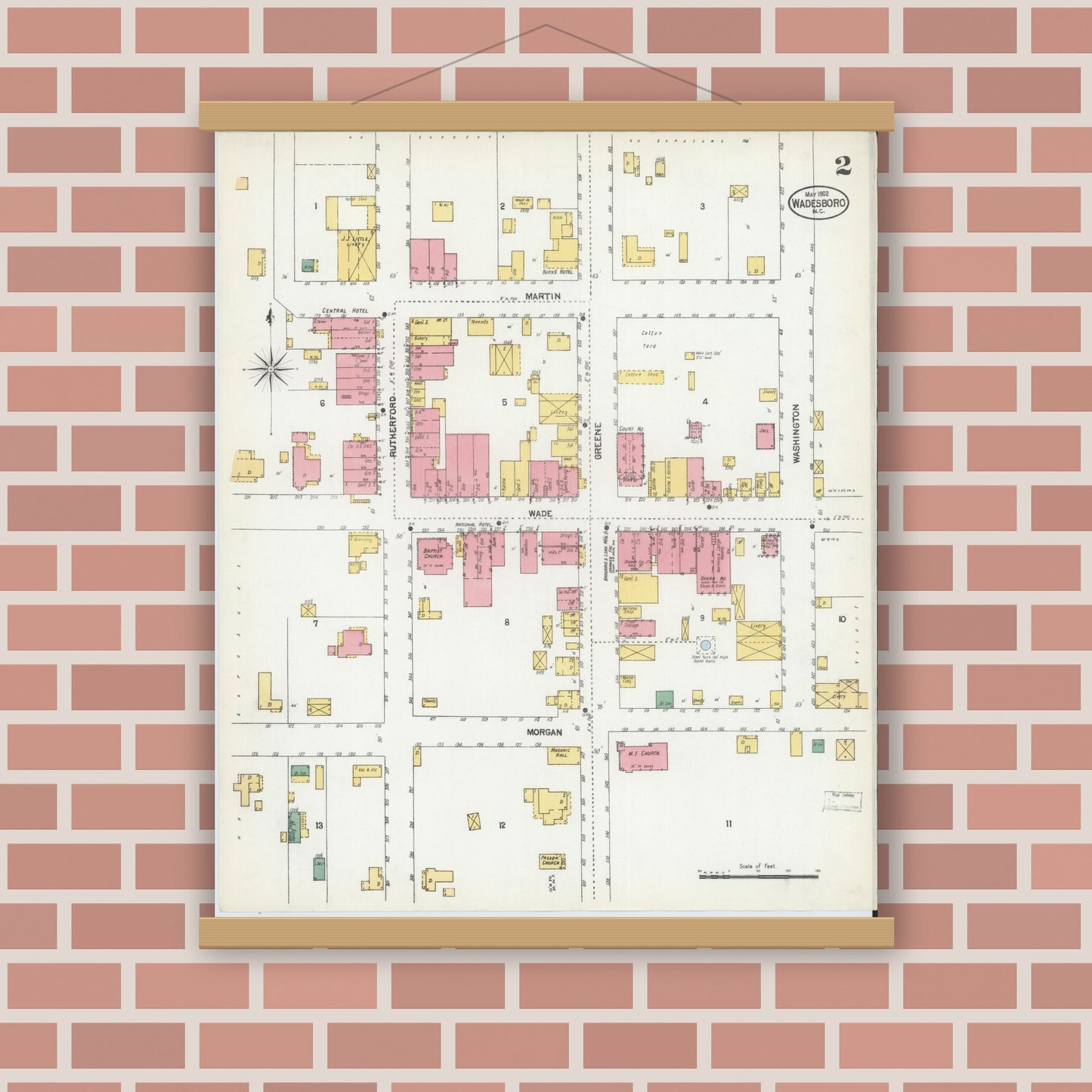 Old map wall art mockup — magnetic wood frame on brick wall — Sanborn Fire Insurance Map from Wadesboro, Anson County, North Carolina (1902), Sheet #0002