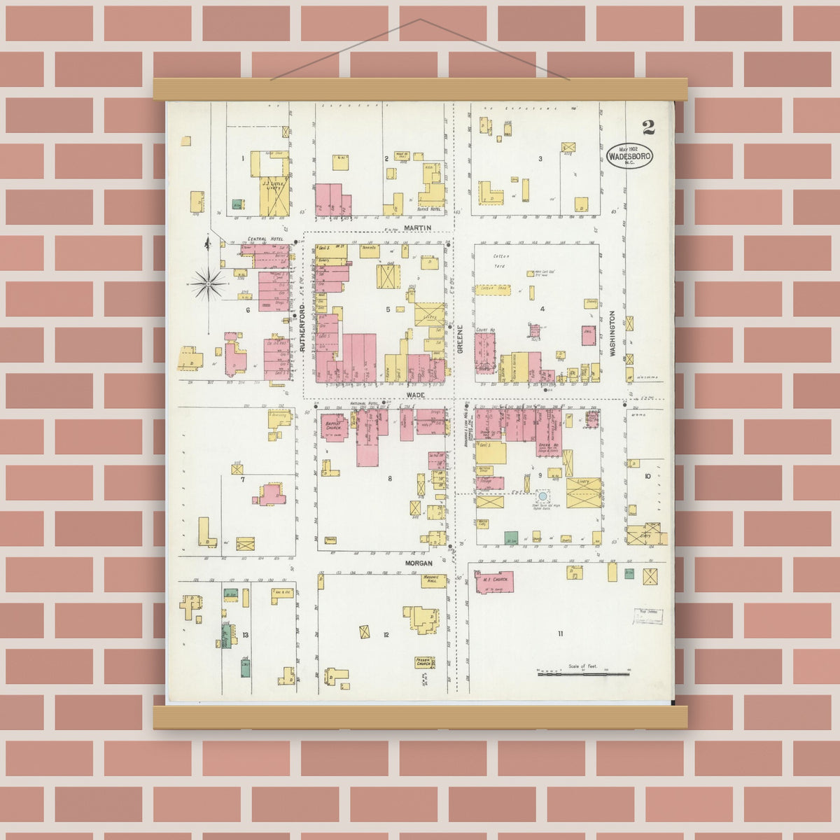 Old map wall art mockup — magnetic wood frame on brick wall — Sanborn Fire Insurance Map from Wadesboro, Anson County, North Carolina (1902), Sheet #0002