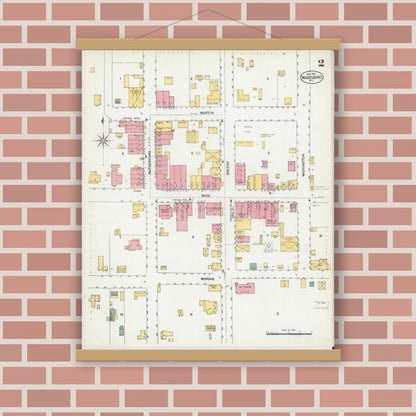 Old map wall art mockup — magnetic wood frame on brick wall — Sanborn Fire Insurance Map from Wadesboro, Anson County, North Carolina (1902), Sheet #0002