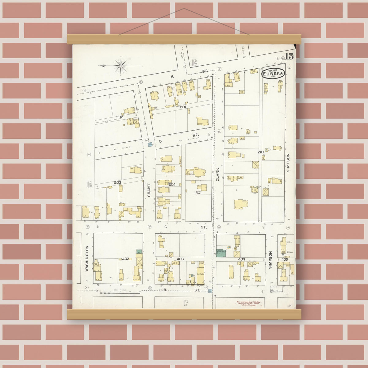 Old map wall art mockup — magnetic wood frame on brick wall — Sanborn Fire Insurance Map from Eureka, Humboldt County, California (1892), Sheet #0015