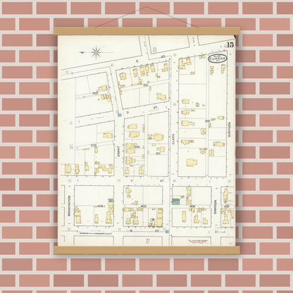 Old map wall art mockup — magnetic wood frame on brick wall — Sanborn Fire Insurance Map from Eureka, Humboldt County, California (1892), Sheet #0015