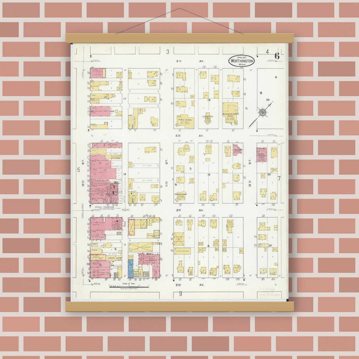 Old map wall art mockup — magnetic wood frame on brick wall — Sanborn Fire Insurance Map from Worthington, Nobles County, Minnesota (1917), Sheet #0006