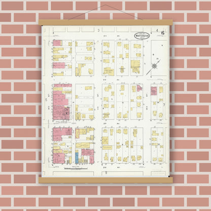 Old map wall art mockup — magnetic wood frame on brick wall — Sanborn Fire Insurance Map from Worthington, Nobles County, Minnesota (1917), Sheet #0006