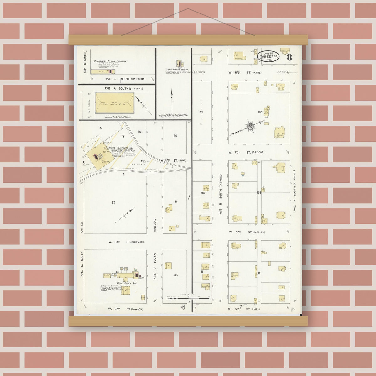 Old map wall art mockup — magnetic wood frame on brick wall — Sanborn Fire Insurance Map from Childress, Childress County, Texas (1912), Sheet #0008