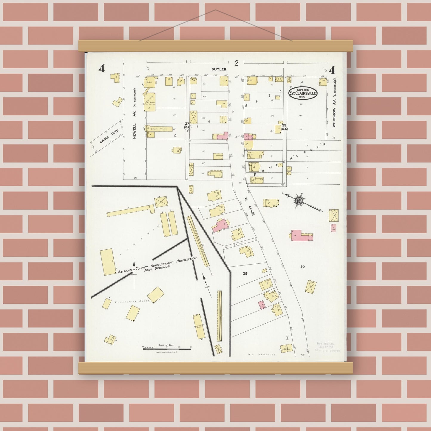 Old map wall art mockup — magnetic wood frame on brick wall — Sanborn Fire Insurance Map from Saint Clairsville, Belmont County, Ohio (1924), Sheet #0004