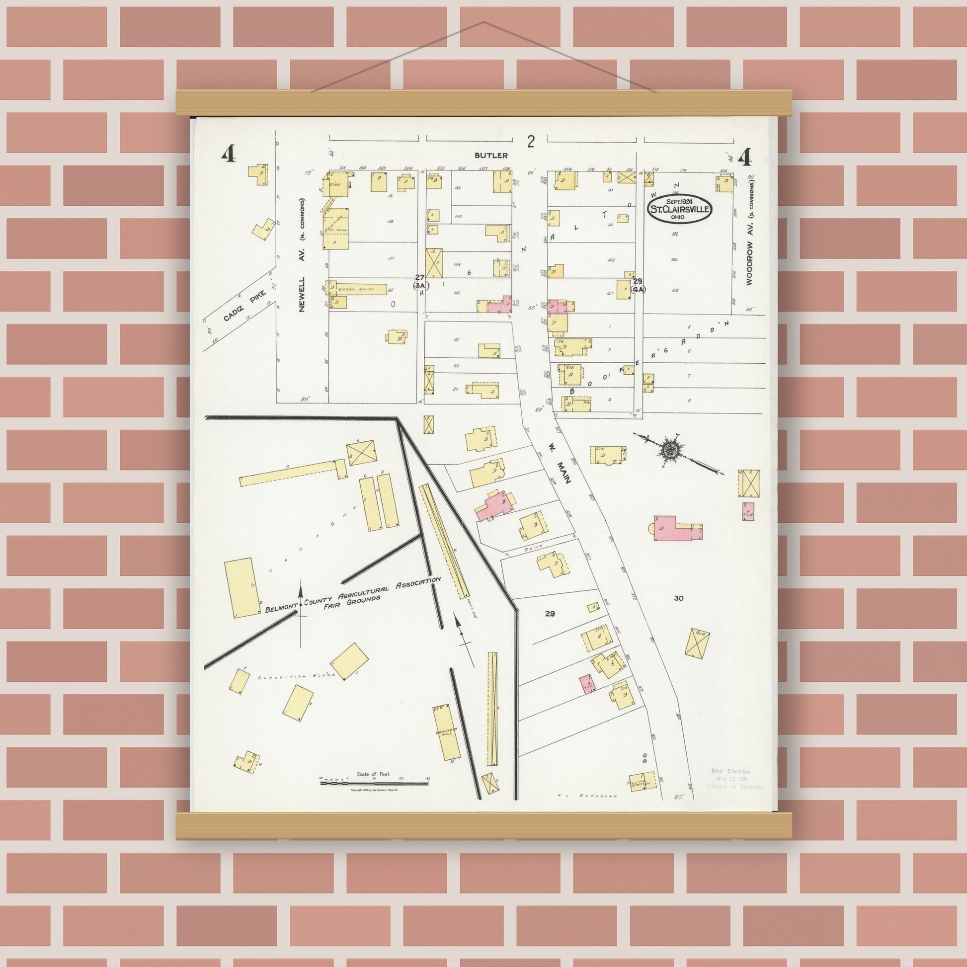 Old map wall art mockup — magnetic wood frame on brick wall — Sanborn Fire Insurance Map from Saint Clairsville, Belmont County, Ohio (1924), Sheet #0004