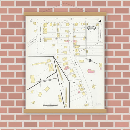 Old map wall art mockup — magnetic wood frame on brick wall — Sanborn Fire Insurance Map from Saint Clairsville, Belmont County, Ohio (1924), Sheet #0004