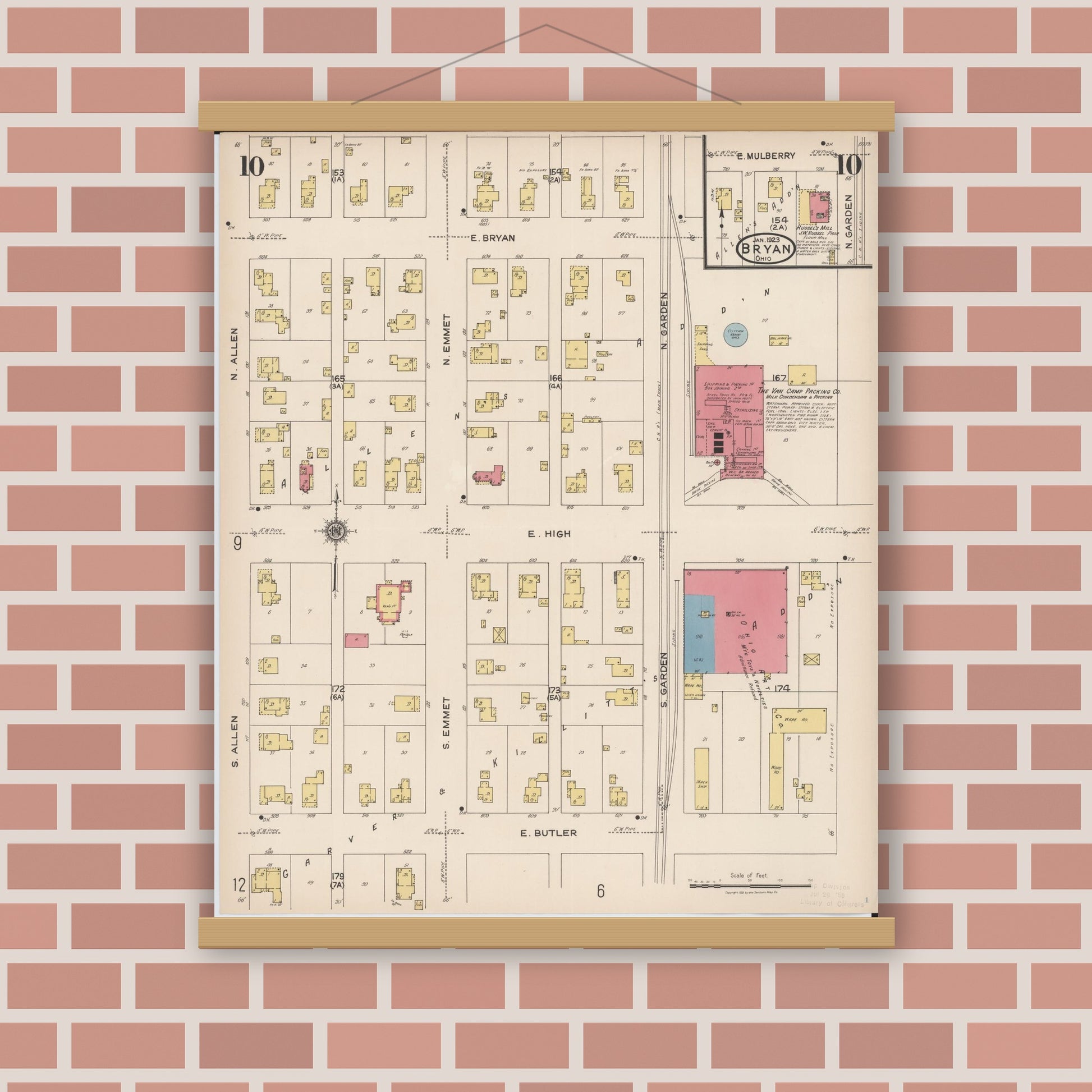 Old map wall art mockup — magnetic wood frame on brick wall — Sanborn Fire Insurance Map from Bryan, Williams County, Ohio (1923), Sheet #0010