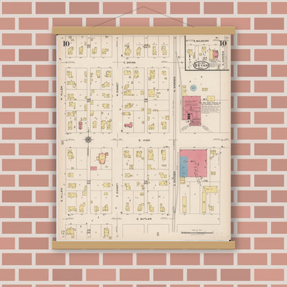 Old map wall art mockup — magnetic wood frame on brick wall — Sanborn Fire Insurance Map from Bryan, Williams County, Ohio (1923), Sheet #0010