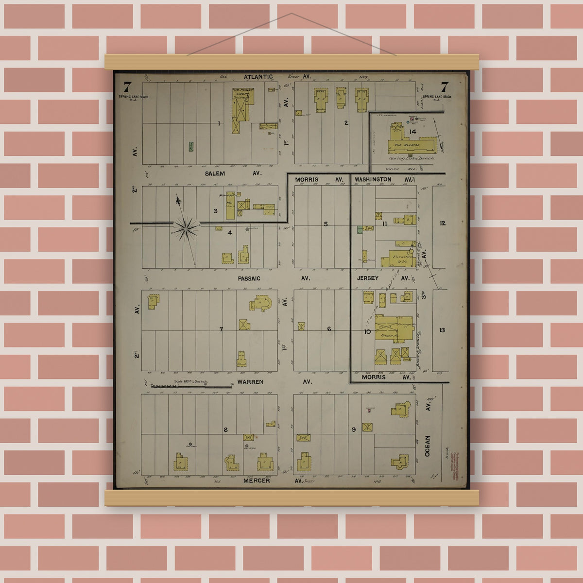 Old map wall art mockup — magnetic wood frame on brick wall — Sanborn Fire Insurance Map from New Jersey Coast, New Jersey Coast, New Jersey (1890), Sheet #0007