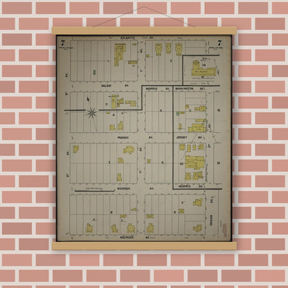 Old map wall art mockup — magnetic wood frame on brick wall — Sanborn Fire Insurance Map from New Jersey Coast, New Jersey Coast, New Jersey (1890), Sheet #0007